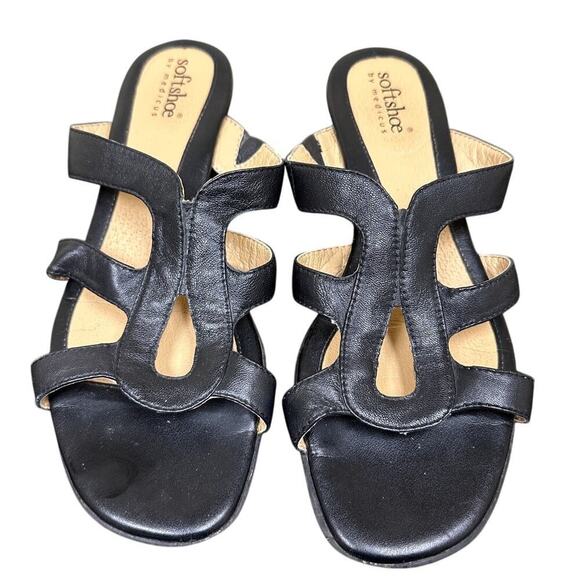 Softshoe Medicus Size 8 Black Leather Slip On Low Wedge Vacation Comfort Sandal - Picture 3 of 9